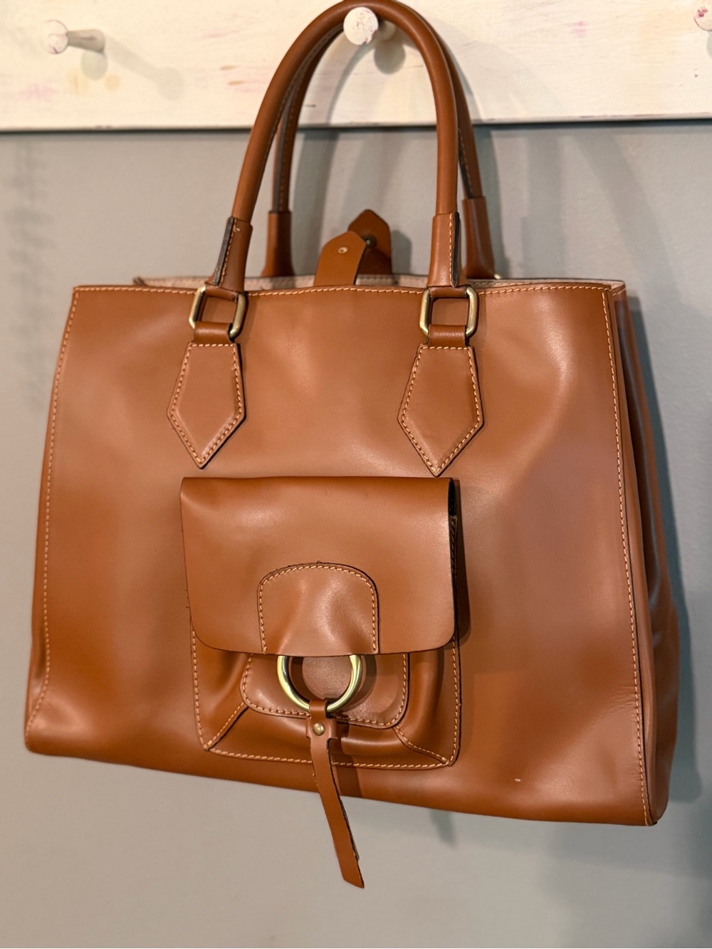 A. Belluci Italian smooth calf Leather Tote with Front Pocket and Ring Accent